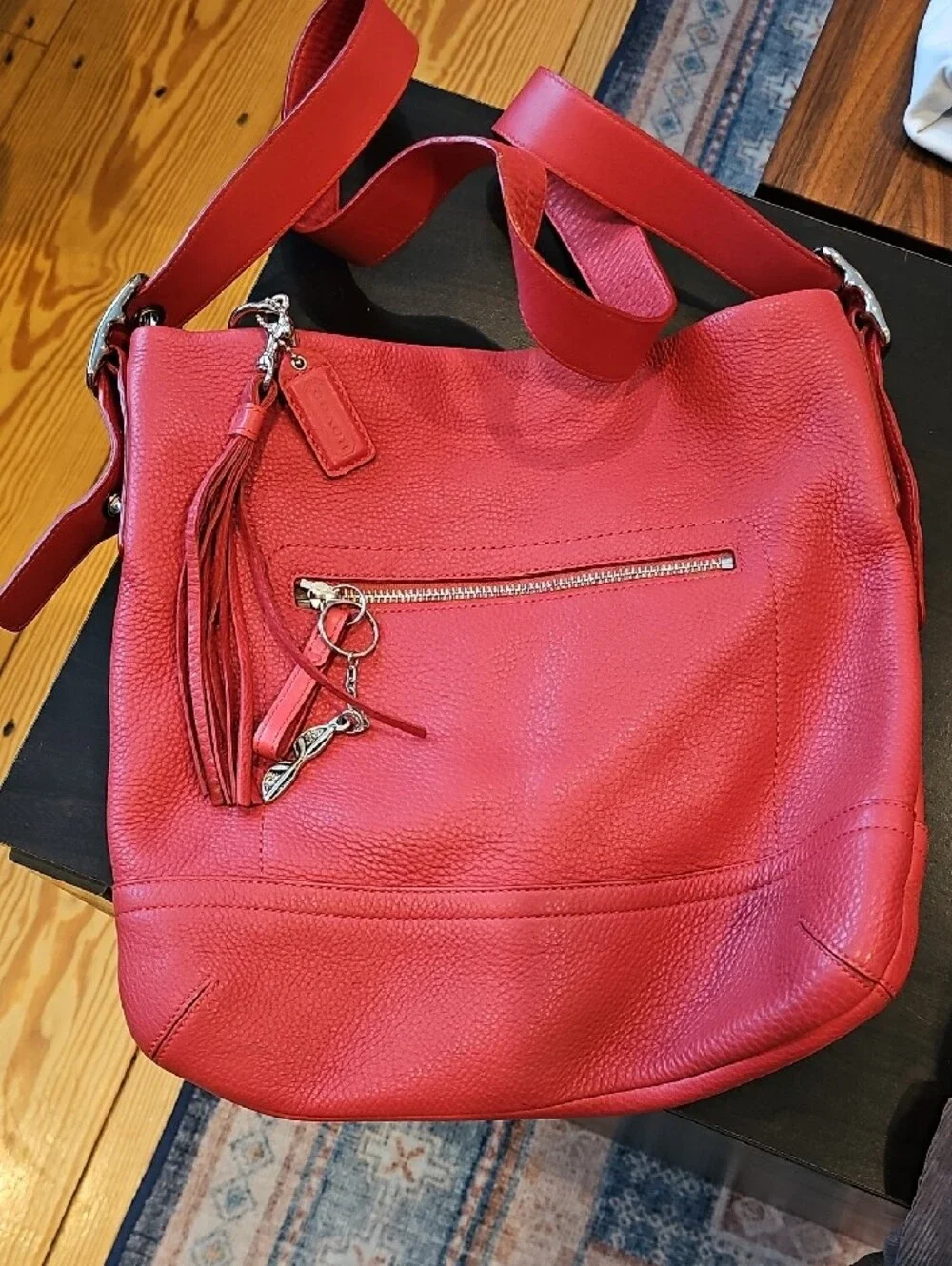 Women's Deep Pink Coach Leather Shoulder Bag / Crossbody with Tassel Accent